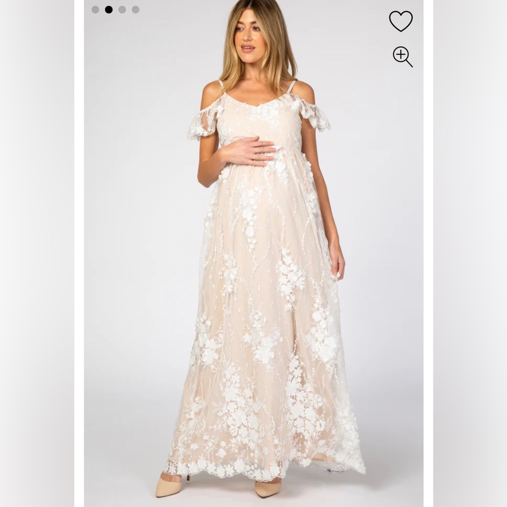 PinkBlush Maternity Ivory Floral Embroidered Mesh Maternity Evening Gown. XL.